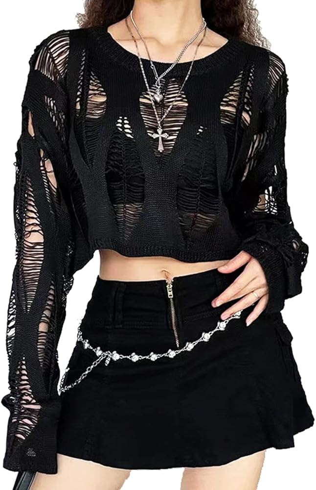 Women's See Through Hole Ripped Crop Tops Knit Pullover Short Sweaters