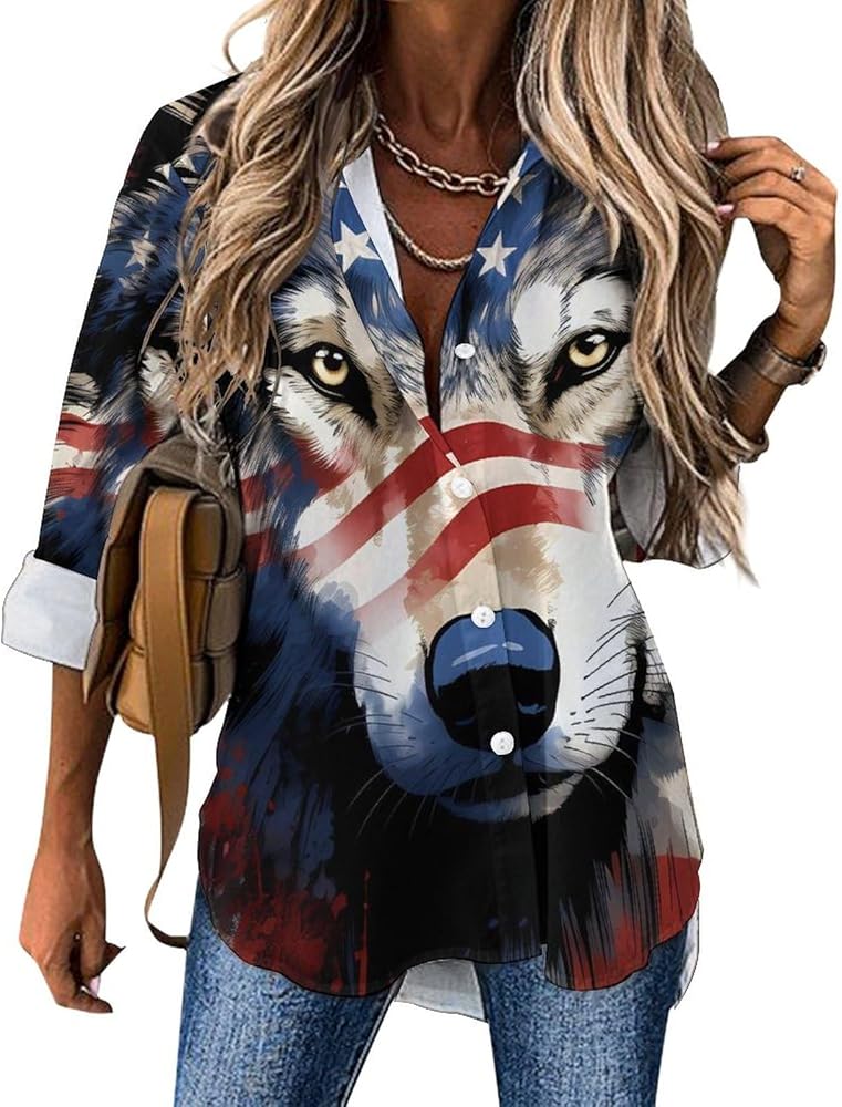 USA Flag Wolves Classic Shirts for Women Long Sleeve Blouse Casual V Neck Tee Tops Work Office