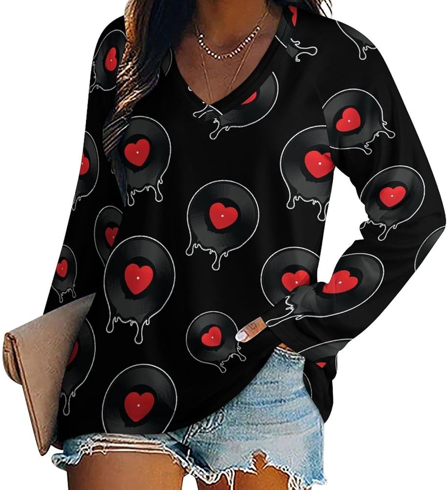 Melted Vinyl Record with Heart Loose Womens Shirts Long Sleeve Tees Tops Casual V-Neck Graphic Blouses