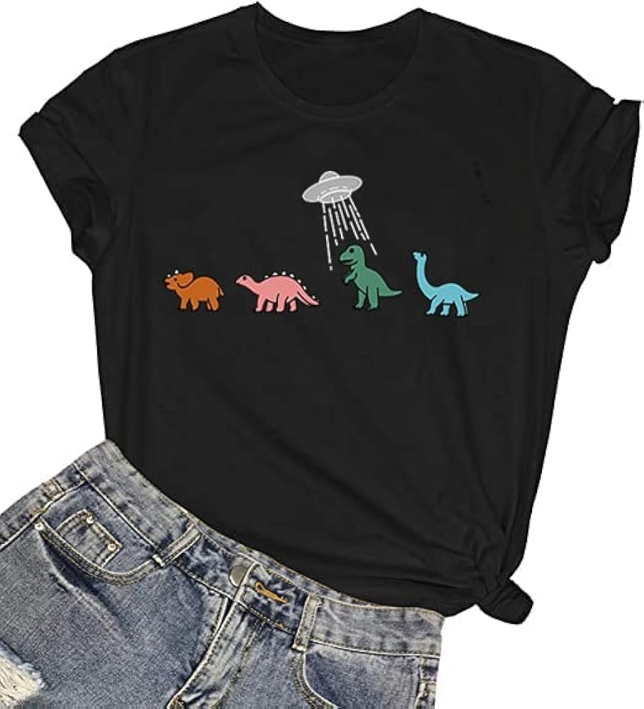 Dinosaur T-Shirt for Women Cute Dinosaur Pattern Funny Animal Print Short-Sleeve Shirt Vacation Top