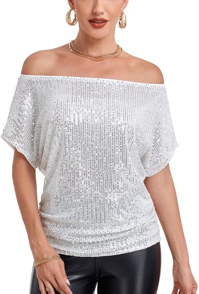 Double Mesh Printed Summer Sequin T Shirts Short Sleeve Tops Off Shoulder Glitter Sparkly Blouse Loose Fit Shirts