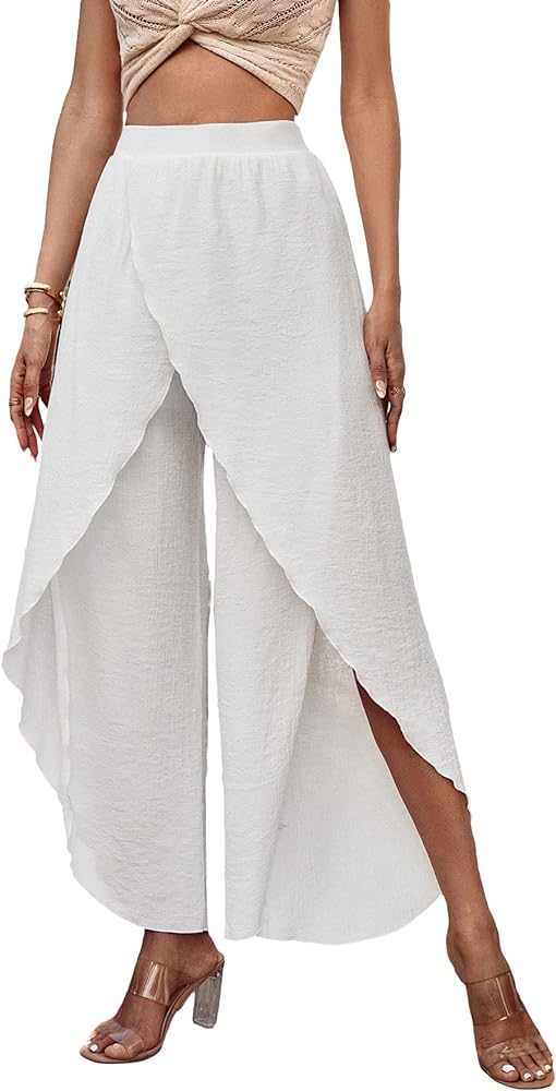 Verdusa Women's Wrap High Split Elastic Waist Wide Leg Loose Pants Bell Bottom White M