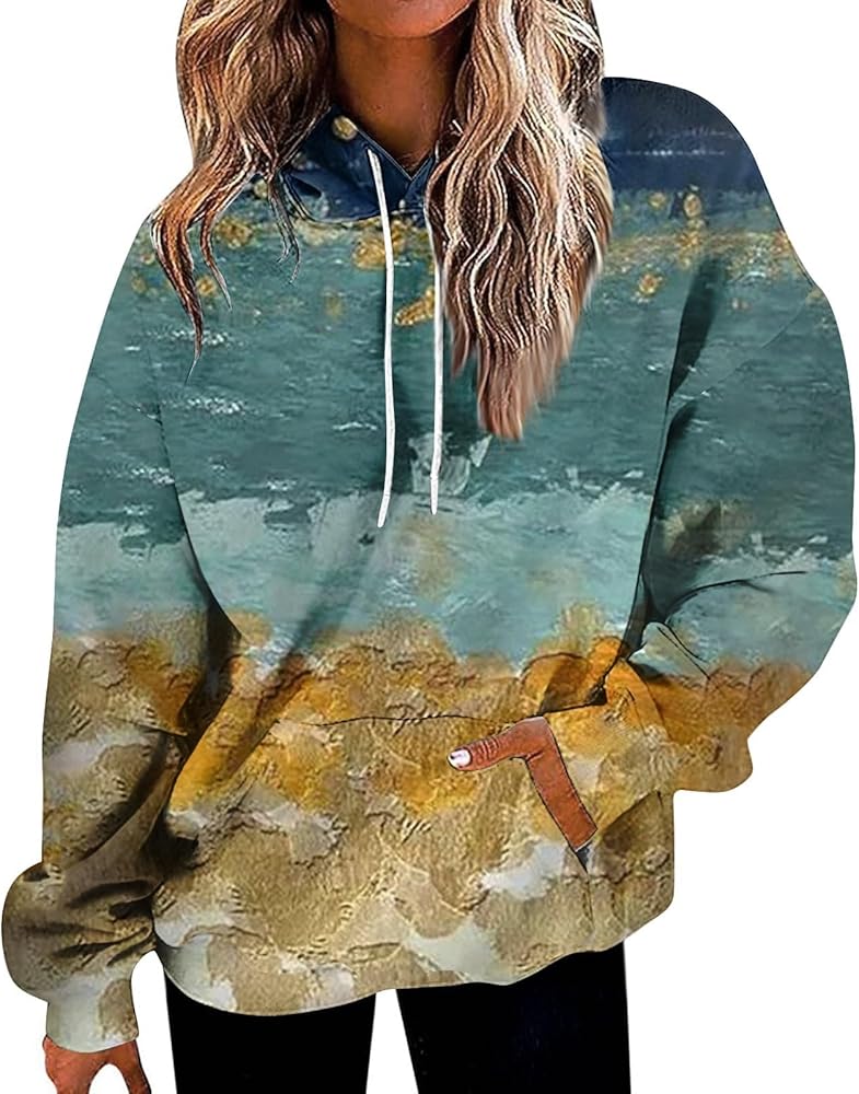 Women Sweatshirt Long Sleeve Printed Hoodie Loose Top Graphic Pullover Hooded Sweatshirt Fall Outfits with Pocket