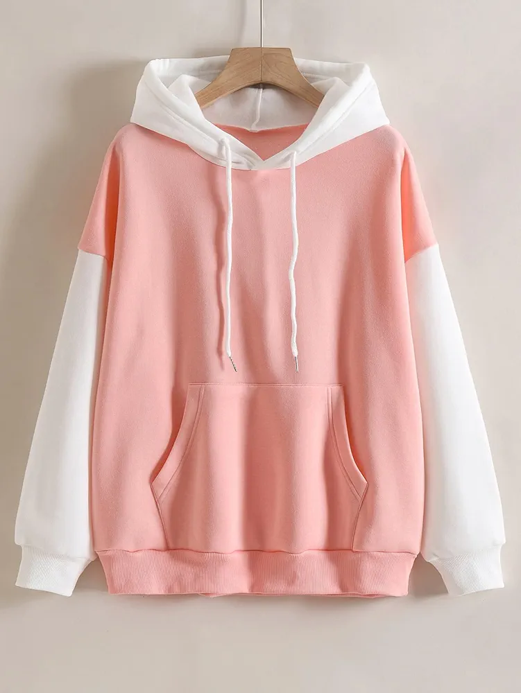 Women's Sweatshirt Sweatshirts Hoodies Colorblock Drawstring Pocket Hoodie Warmth Beautiful Lovely Fashionable (Color : Pink, Size : X-Large)