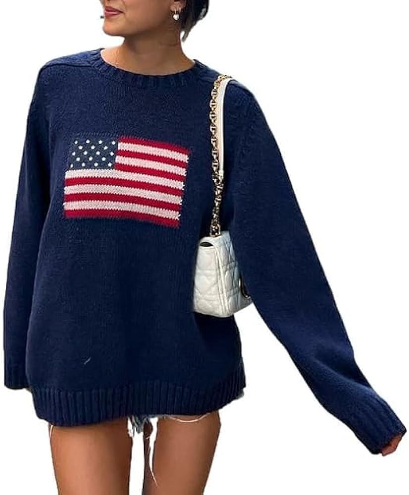 Y2k Vintage Sweater Long Sleeve Crew Neck Loose Knit Pullover American Flag Sweatshirt Preppy Striped Sweater