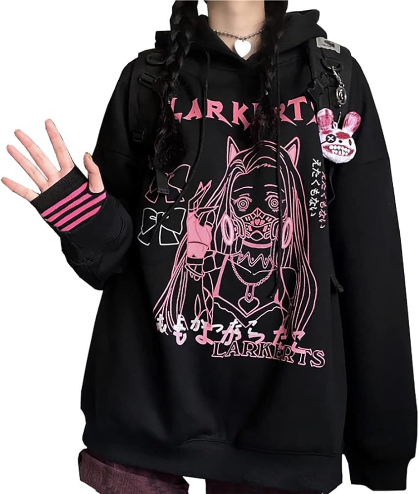 WINKEEY Women Kawaii Gothic Hoodie Japanese Anime Print Y2K Hooded Sweatshirt Cute Harajuku Pattern Long Sleeve Pullover