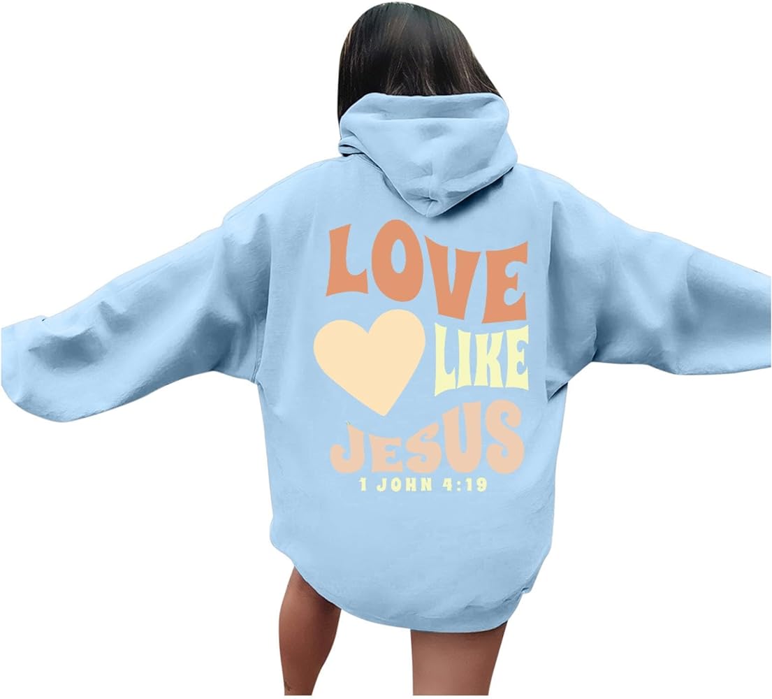 Hoodies for Women with Designs Love Like Jesus Letter Printed Pullover Top Oversize Sweatshirts with Pocket Christian Hoodies Crew Neck Sweatshirts Women (A24 Light Blue,XL)