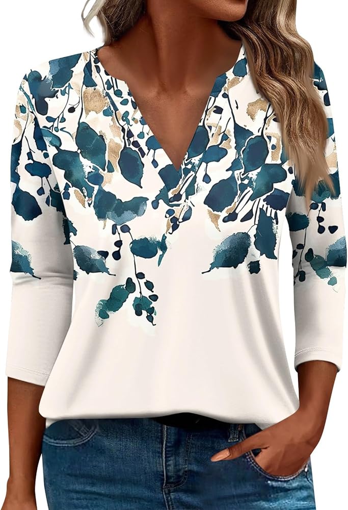 Womens T Shirts Long Sleeve V Neck Loose Tees Print Clothes Casual Tunics Trendy Blouses