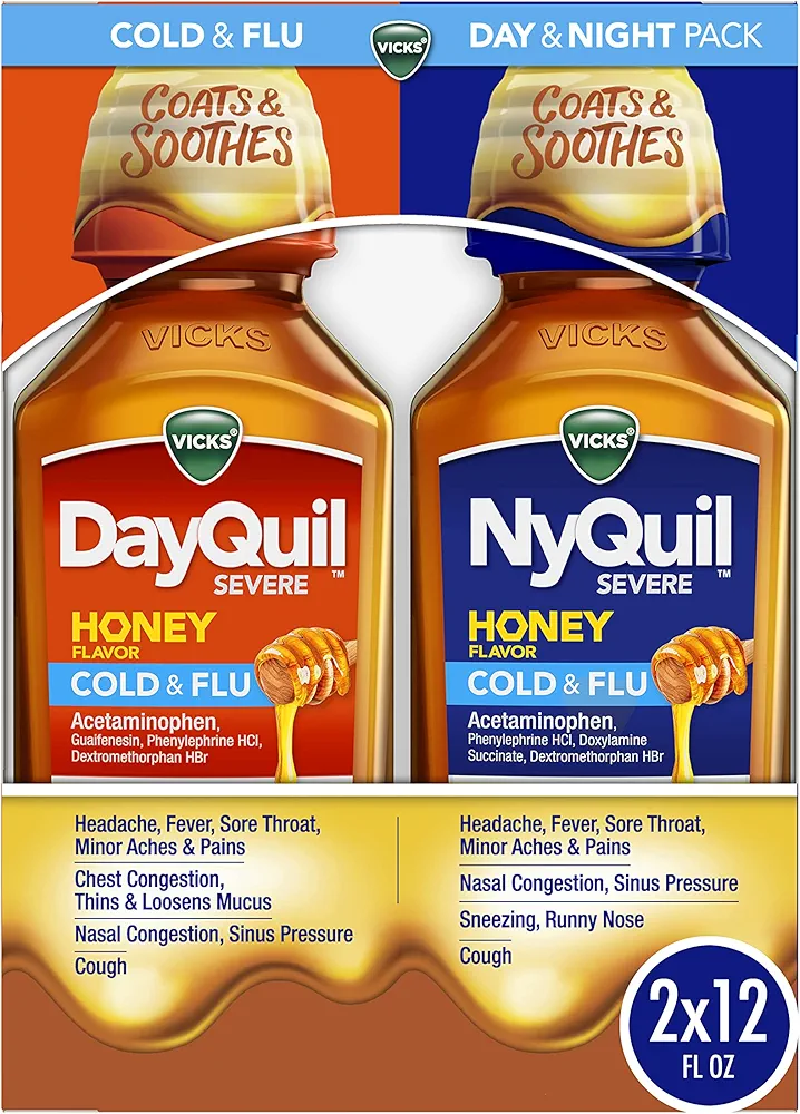 Vicks DayQuil & NyQuil SEVERE Honey Cold & Flu Medicine, Relief for Headache, Fever, Sore Throat, Minor Aches & Pains, Nasal Congestion, Sinus Pressure, Stuffy Nose, & Cough, Honey Flavor, 2x12 OZ