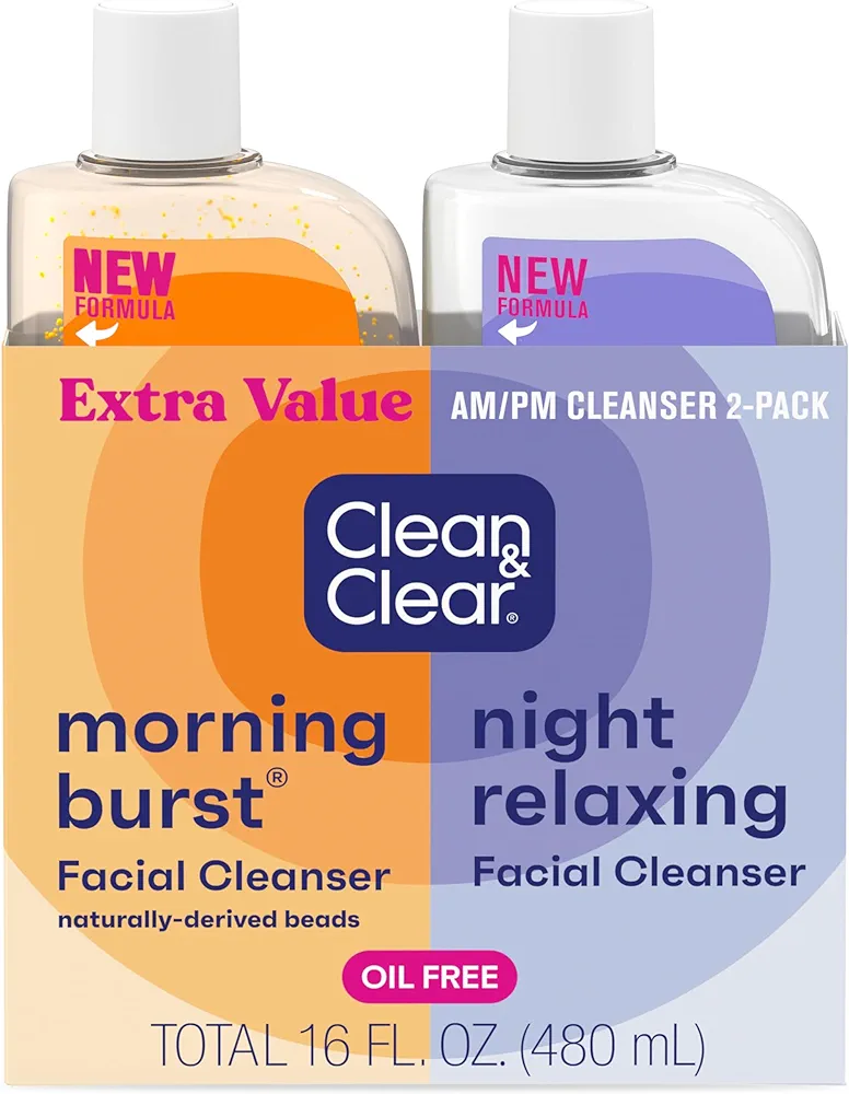 Clean & Clear 2-Pack Oil-Free Facial Cleansers with Citrus Scent, Morning Burst and Night Relaxing, 16 oz