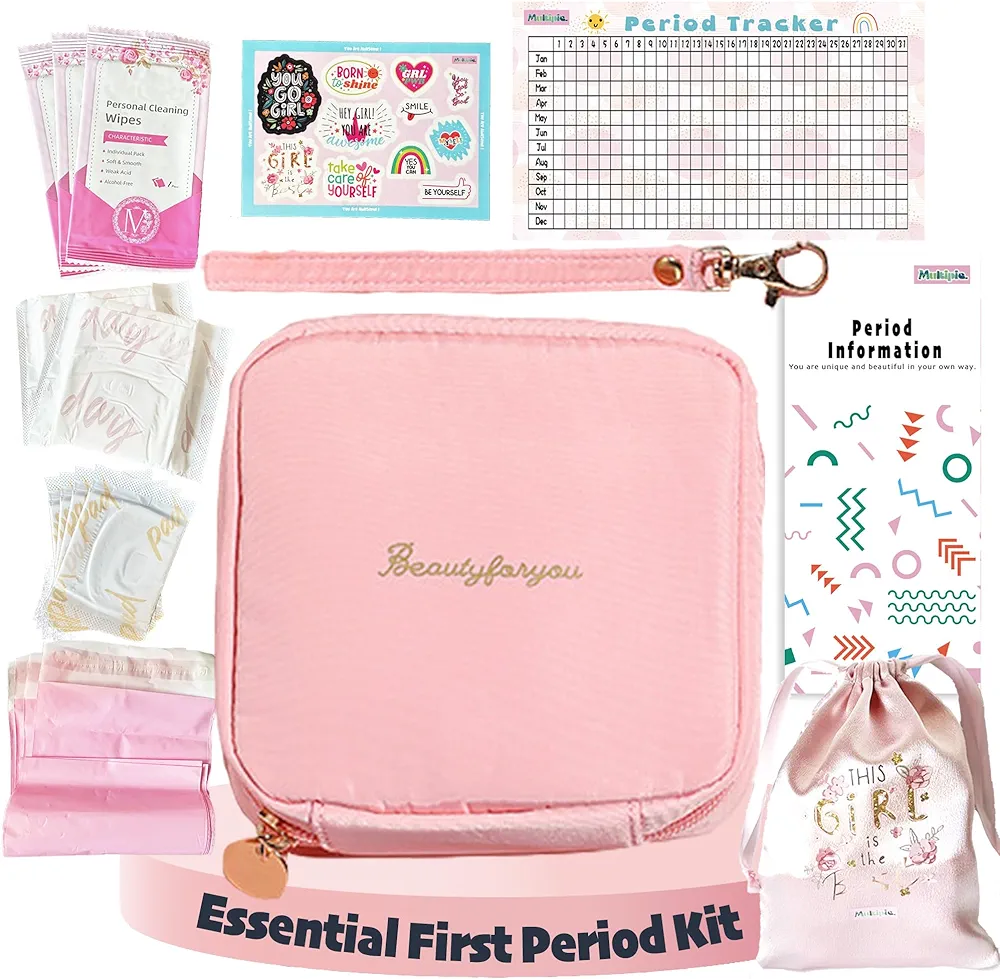 Essential Period Kit for Girls | MultipieYo First Period kit for Girls 10-12 | Period Bags for Teen Girls for School | First Period Gift with Sanitary Pad Storage Bag, Wipes, Period Tracker and More