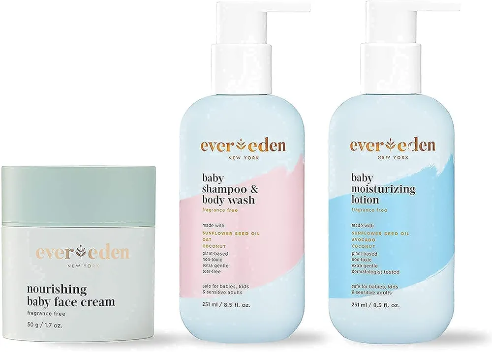 Evereden Baby Shampoo and Body Wash, 8.5 fl oz & Fragrance Free Baby Moisturizing Lotion, 8.5 fl oz & Nourishing Baby Face Cream, 1.7 oz | 3 Item Bundle Set | Clean Baby Care