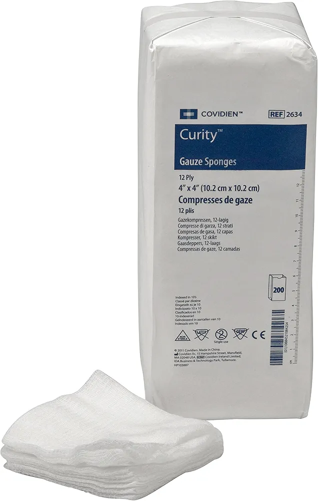 Covidien 2634 Curity Gauze Sponge, Non-Sterile, 4" x 4", 12-Ply (Pack of 200), Package may vary