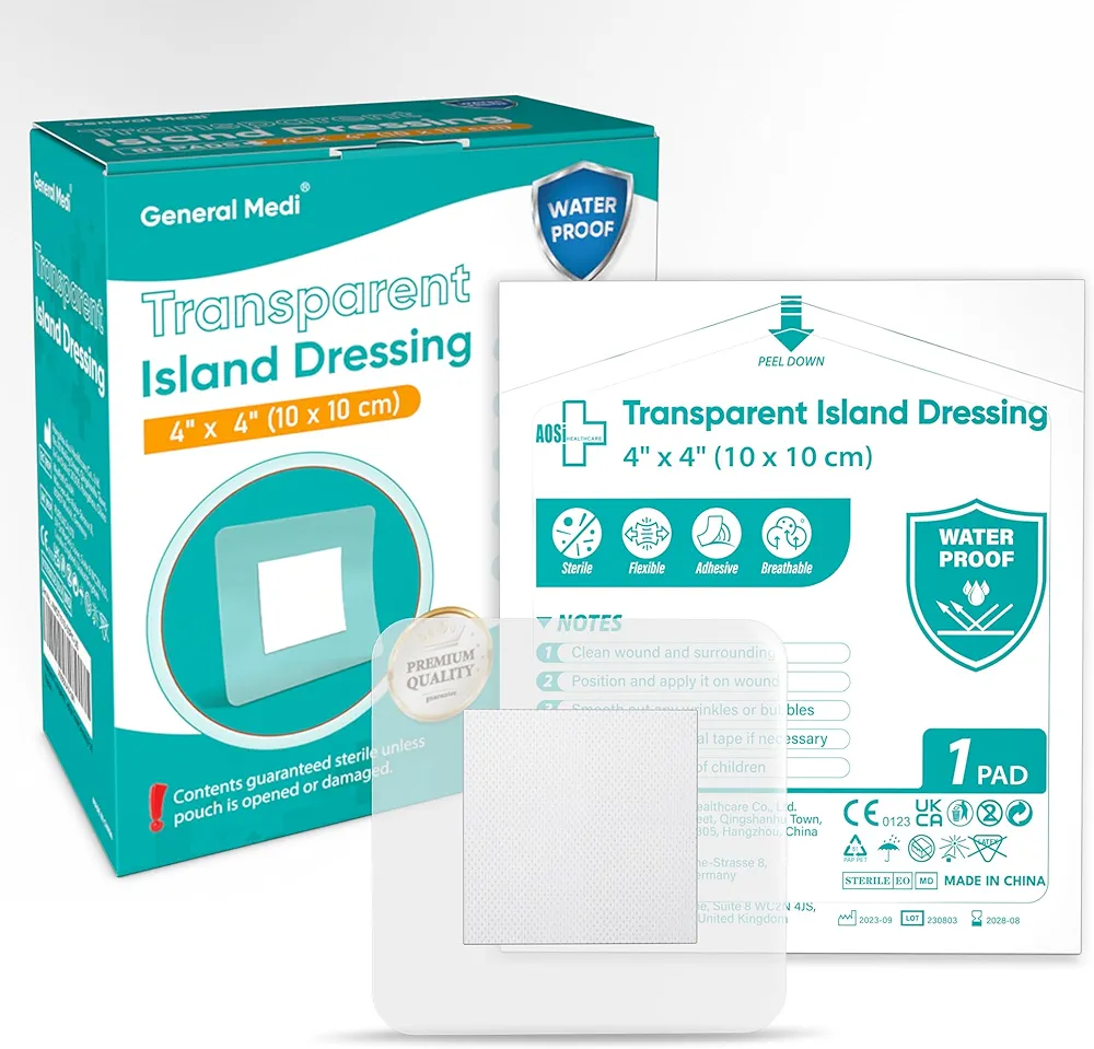 General Medi Waterproof Transparent Adhesive Island Dressing (50 Count, 4" x 4"), Wound Care Pad with Adhesive Border - Sterile, Soft & Highly Absorbent Medical Grade Dressing Pad