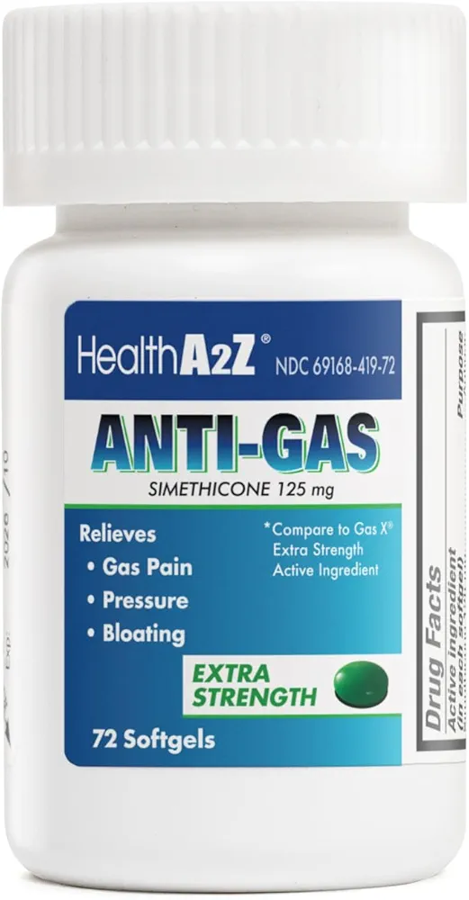 HealthA2Z® Gas Relief Simethicone | 125mg | Extra Strength | Relieves from Stomach Discomfort and Gas | Anti Flatulence | Relieves Gas Fast and Bloating (72 Counts (Pack of 1))