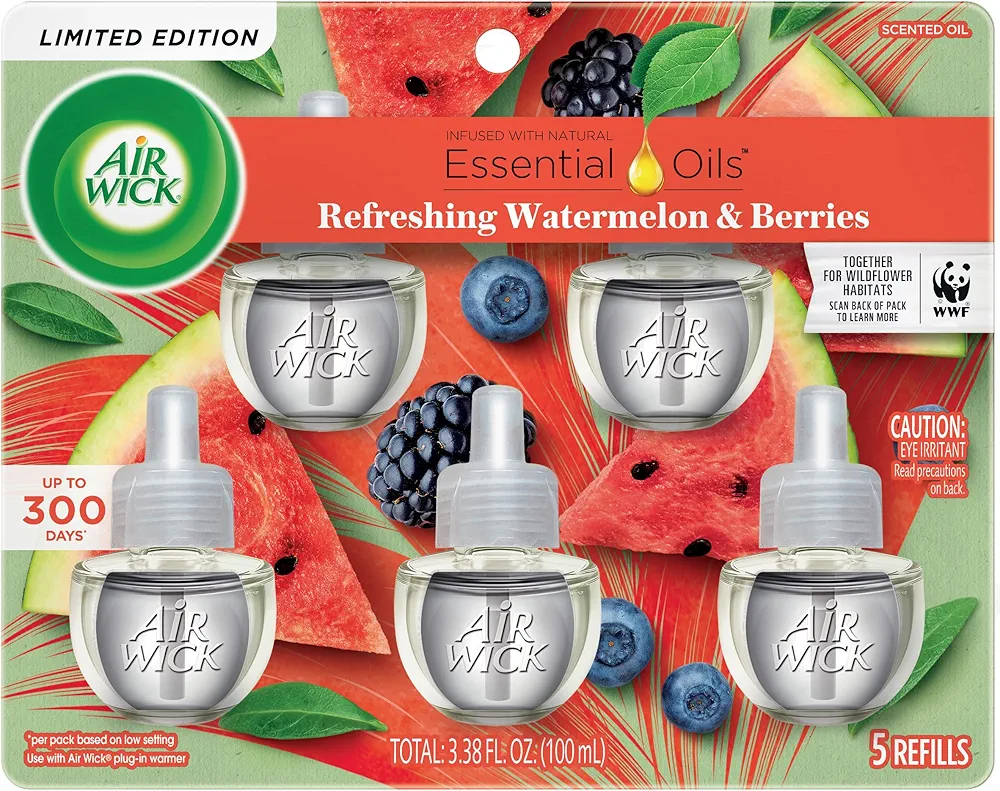 Air Wick Plug in Scented Oil Refill, 5 ct, Fresh Watermelon & Berries, Air Freshener, Essential Oils, Spring Collection