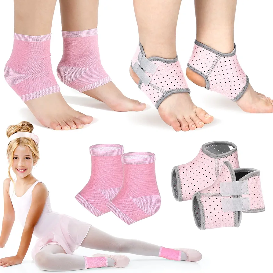 Tarpop 2 Pairs Kids Ankle Brace for Sprained Ankle Adjustable Pink Foot Support Breathable Youth Compression Sleeves Knitted Socks Wrap Protector for Sports Dance Arthritis Relief Joint Pain