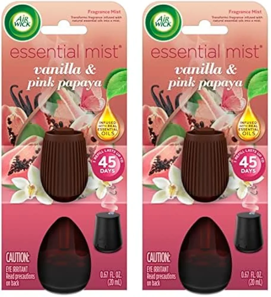 Air Wick Essential Mist Refill, 1 ct, Vanilla and Pink Papaya, Essential Oils Diffuser, Air Freshener (Pack of 2)