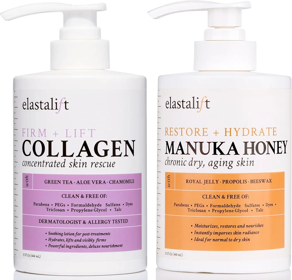 Elastalift Collagen Cream + Manuka Honey Cream Body Lotion & Face Moisturizer Skin Care Bundle For Women & Men | Skin Tightening Collagen Firming Lotion For Crepey Skin, Dry Skin, & Wrinkles, 2PC Set