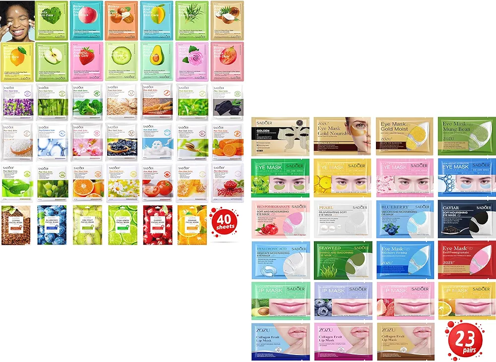 40 Pieces Collagen Face Mask Skin Care Set & 23 Pairs Eye Mask Skin Care Set And Lip Mask For Women