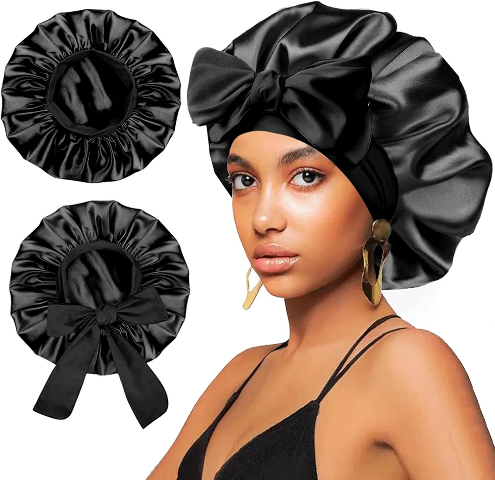 2Pcs Satin Silk Hair Bonnet for Sleeping Women,Large Bonnets with Elastic Wide Tie Band Silk Sleep Cap,Hair Wrap Night Cap with Adjustable Straps for Black Women Curly Hair Jumbo Bonnet Braid - Black