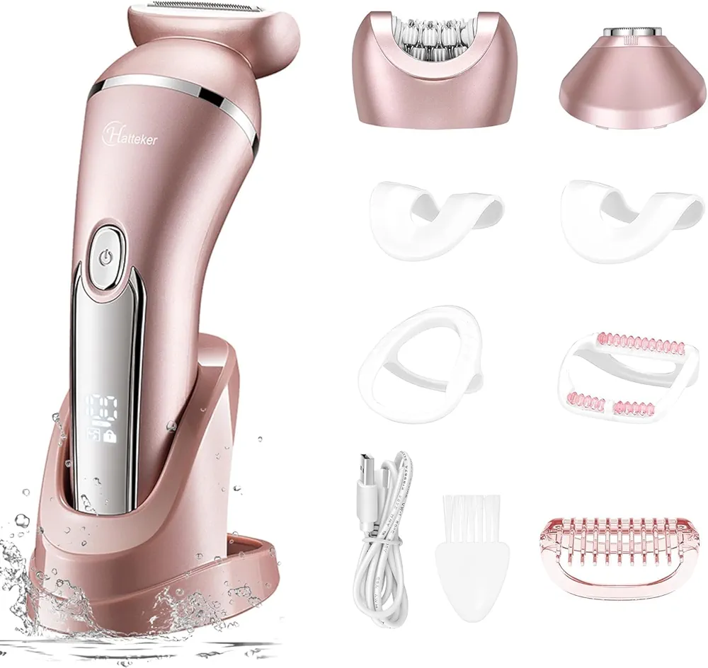 Hatteker Electric Shaver for Women Lady Epilator Electric Razors Kit Hair Remover for Face Chin Arm Leg Armpit Bikini Trimmer Painless Waterproof USB Rechargeable Dry Wet with Detachable Head 3 in 1