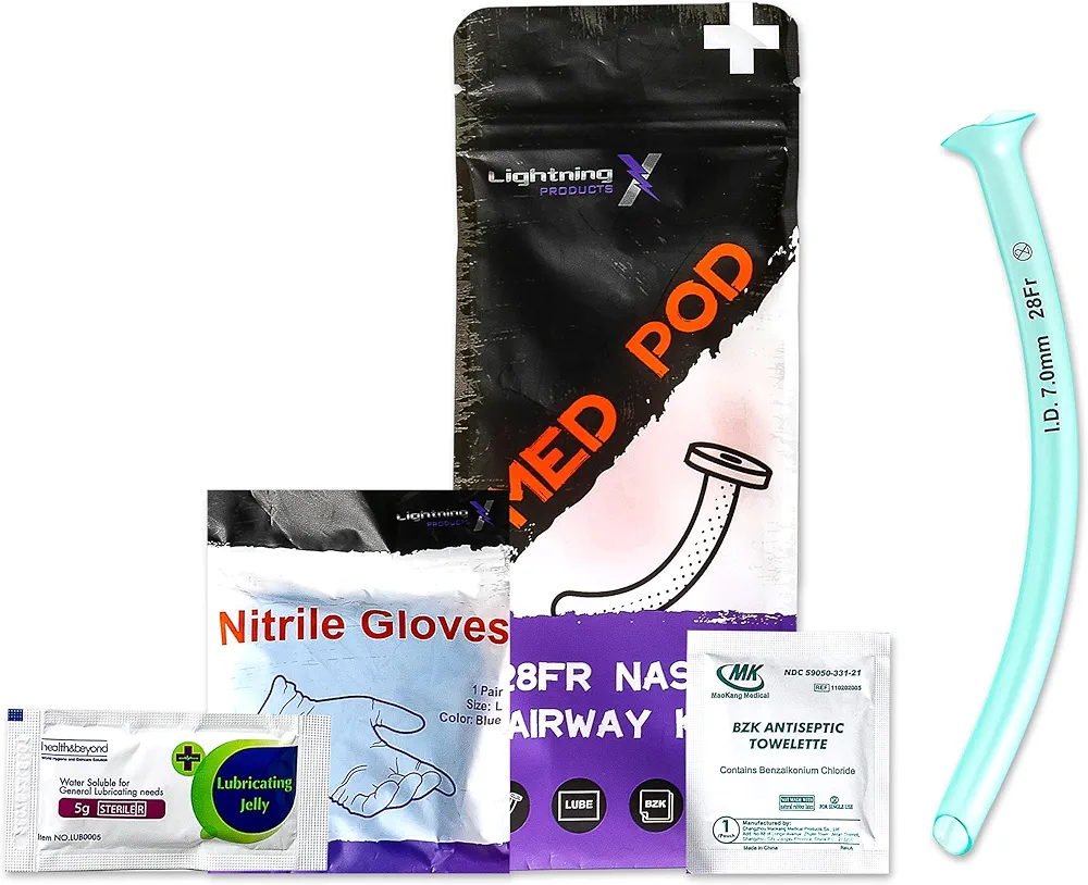 Lightning X Deluxe Nasopharyngeal (Nasal) Airway Kit | NPA 28FR | includes NPA, Lube, Wipe & Gloves