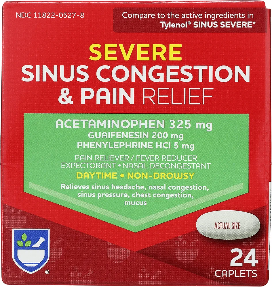 Rite Aid Daytime Severe Sinus Congestion & Pain Relief - Acetaminophen, 325 mg - 24 Caplets | Multi-Symptom Non-Drowsy | Relief | Cold and Flu | Cold & Sinus Medicine for Adults