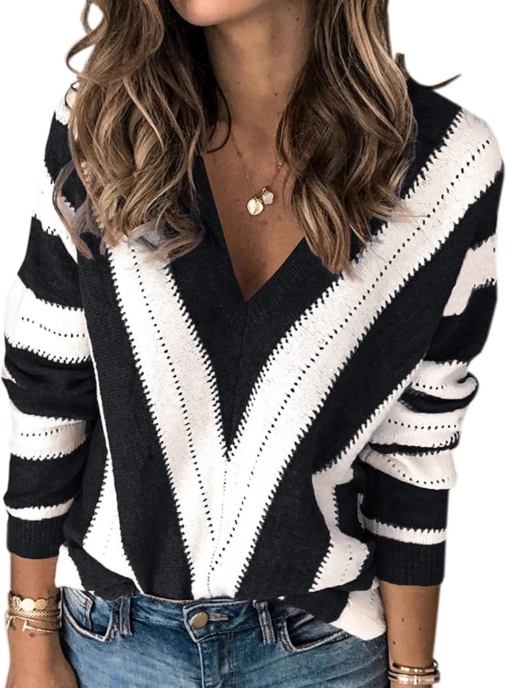 PRETTYGARDEN Women's Fashion Long Sleeve Striped Color Block Knitted Sweater Crew Neck Loose Pullover Jumper Tops