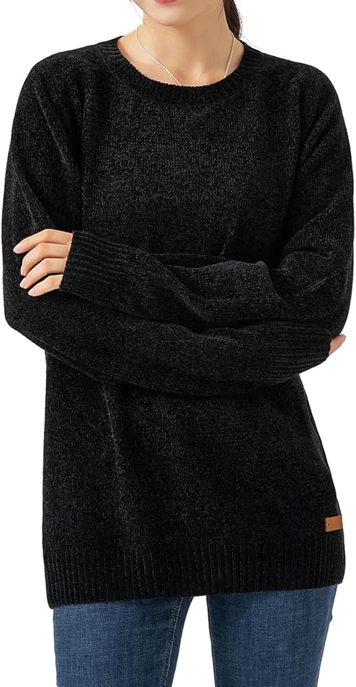 Simple&Opulence Women's Chenille Sweater Crewneck Long Sleeve Pullover Ribbed Cuff Hem Round Neck Jumper Tops