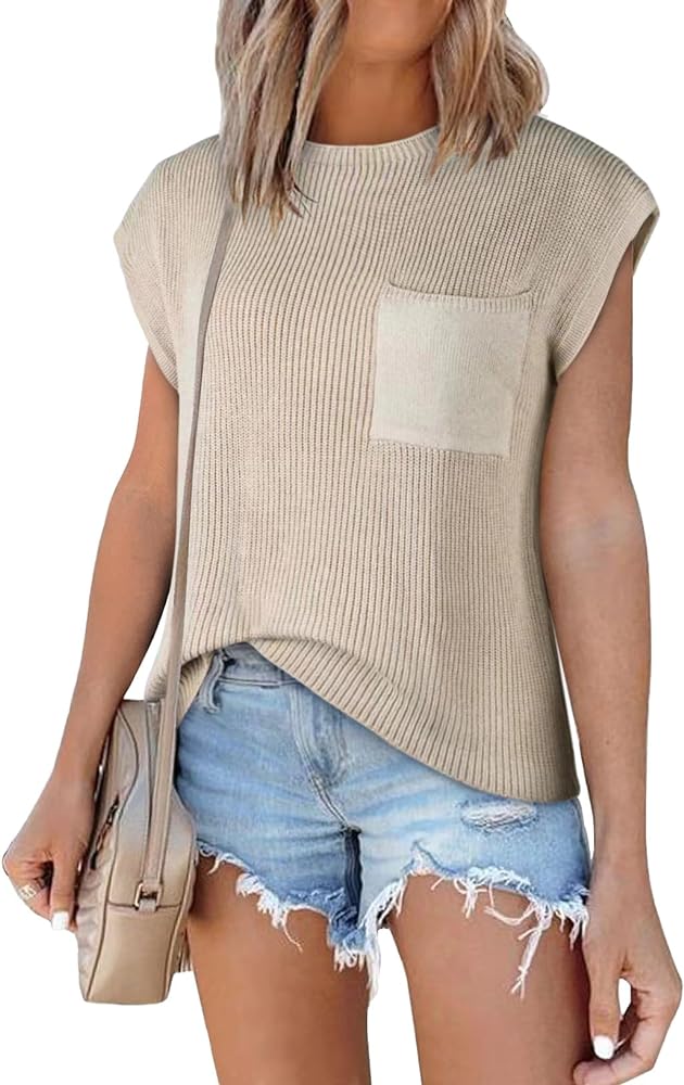 Womens Cap Sleeve Knit Sweater Ladies Pullover Casual Tops with Front Pocket