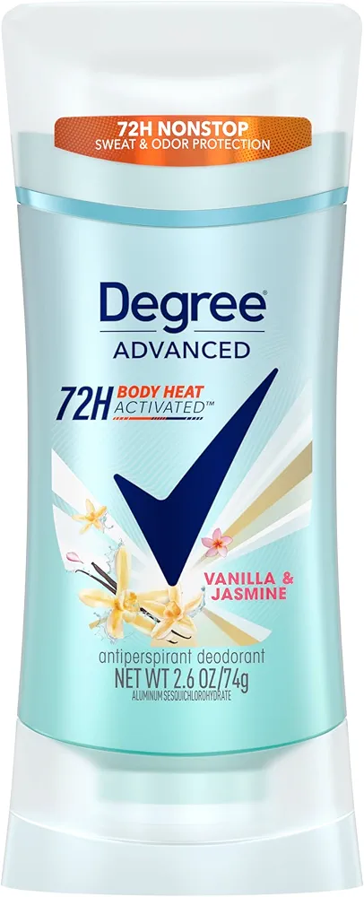 Degree Advanced Protection Antiperspirant Deodorant Vanilla & Jasmine for 72-Hour Sweat & Odor Control for Women, with Body Heat Activated Technology, 2.6 oz