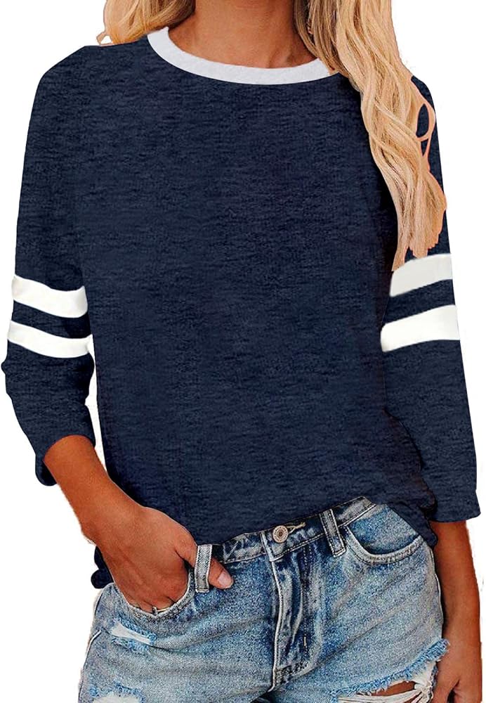 Womens 3/4 Sleeve Shirts Summer Crewneck T-Shirts Loose Basic Tops Cotton Blend Tops for Women