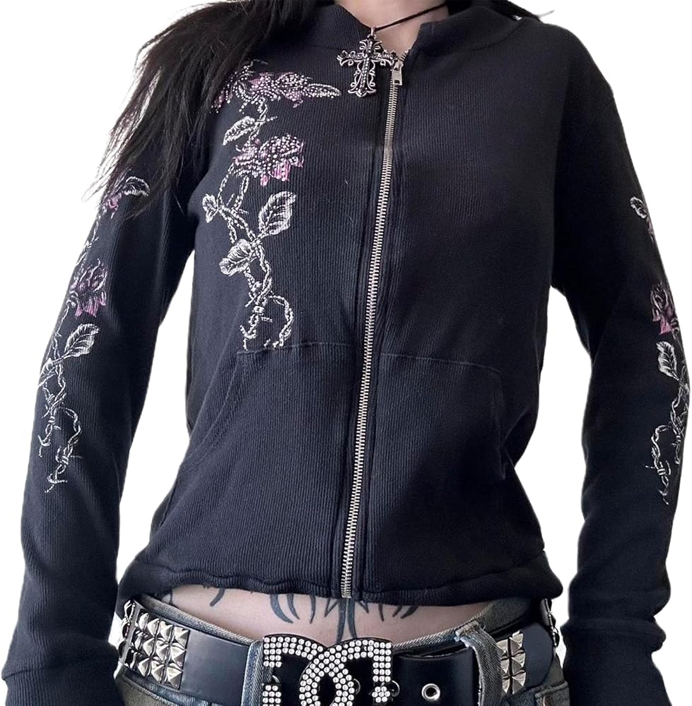 Women Fairy Grunge Zip Up Crop Hoodies Y2k Vintage Long Sleeve Sweatshirt 90s Aesthetic Hooded Jacket with Pocket