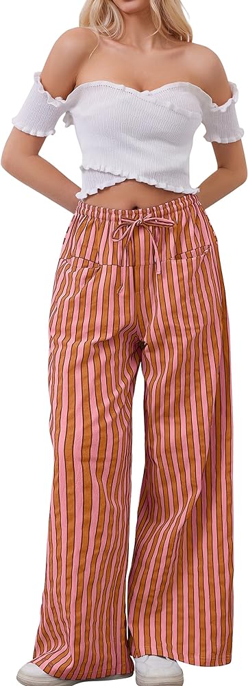 Women Drawstring Stripe Wide Leg Casual Trousers Striped Low Rise Casual Loose Lounge Pants with Pockets