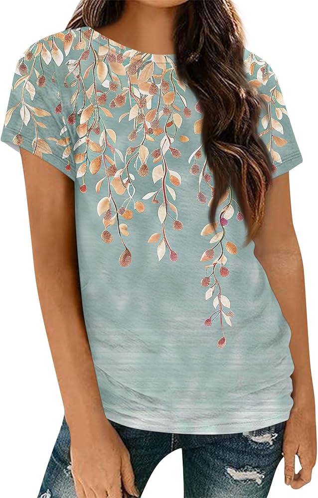 Summer Casual Short Sleeve T Shirts for Women Trendy Floral Printed Tops Fashion Loose Crew Neck Tee Shirts