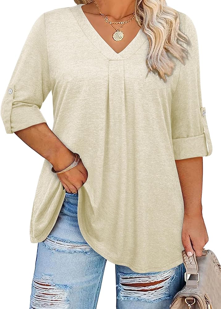 Siddhe Plus Size Tops for Women 3/4 Sleeve Shirts V Neck Blouses Tunic Top Spring Summer 2024.