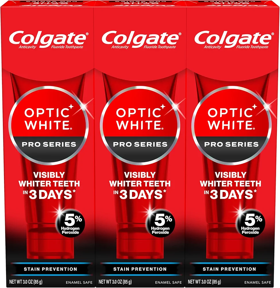 Colgate Optic White Pro Series Stain Prevention Hydrogen Peroxide Toothpaste, Teeth Whitening Toothpaste, Effectively Removes Tea, Coffee, and Wine Stains, Enamel-Safe for Daily Use, 3 Pack, 3.0 oz