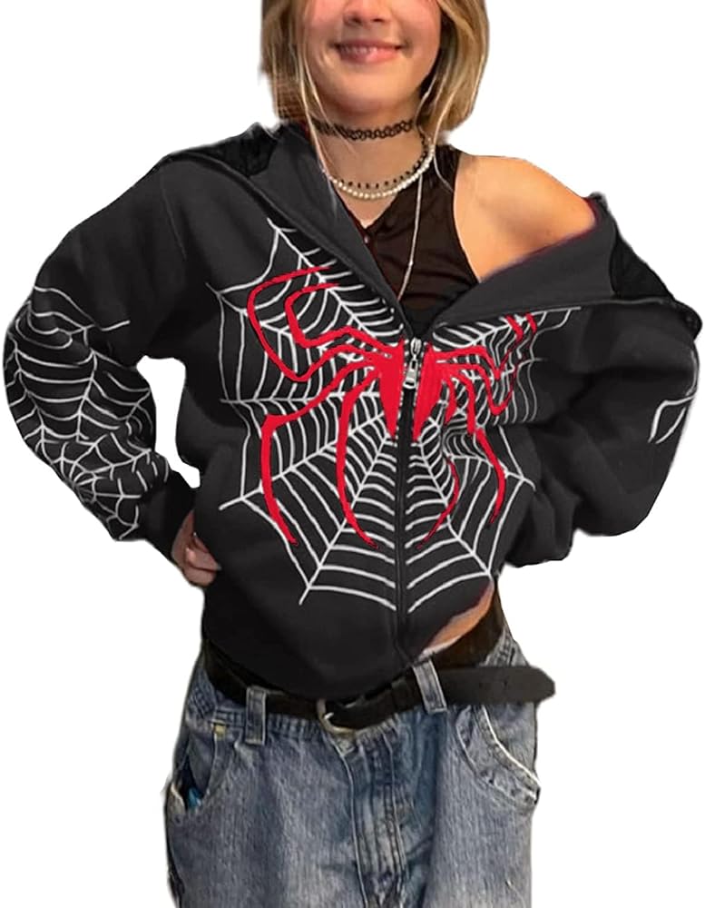 Meiweileya Y2k Full Zip Up Hoodie Spider Skeleton Graphic Jackets for Women Man Teen Girls Aesthetic Streetwear