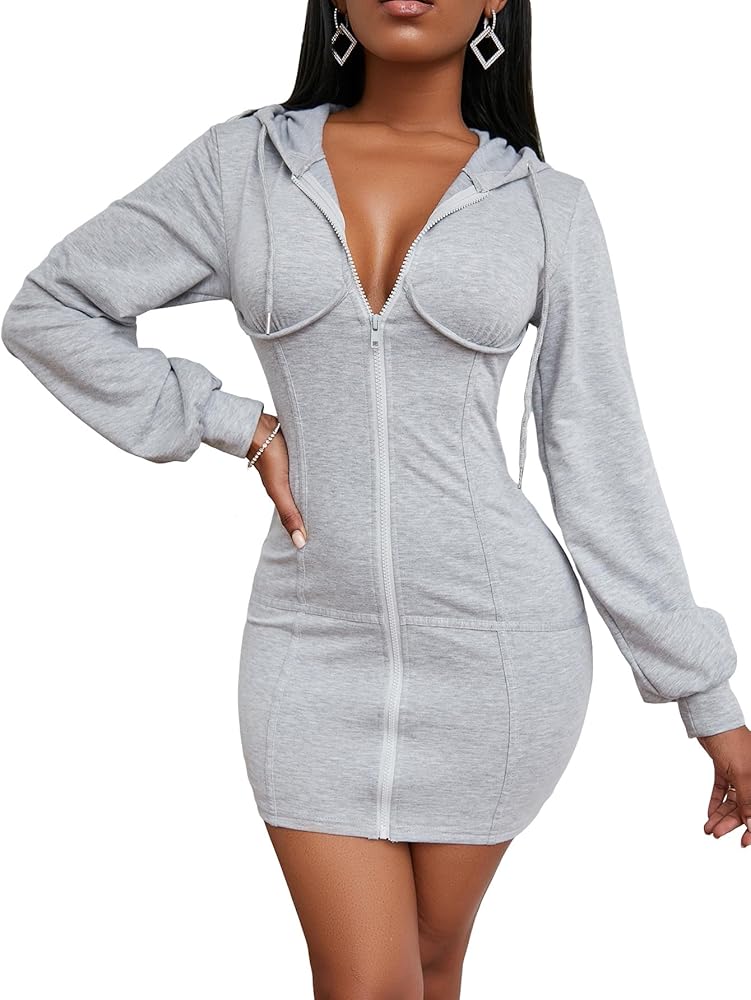 OYOANGLE Women's Casual Long Sleeve Zipper Drawstring Bodycon Hoodie Sweatshirt Bodycon Dress