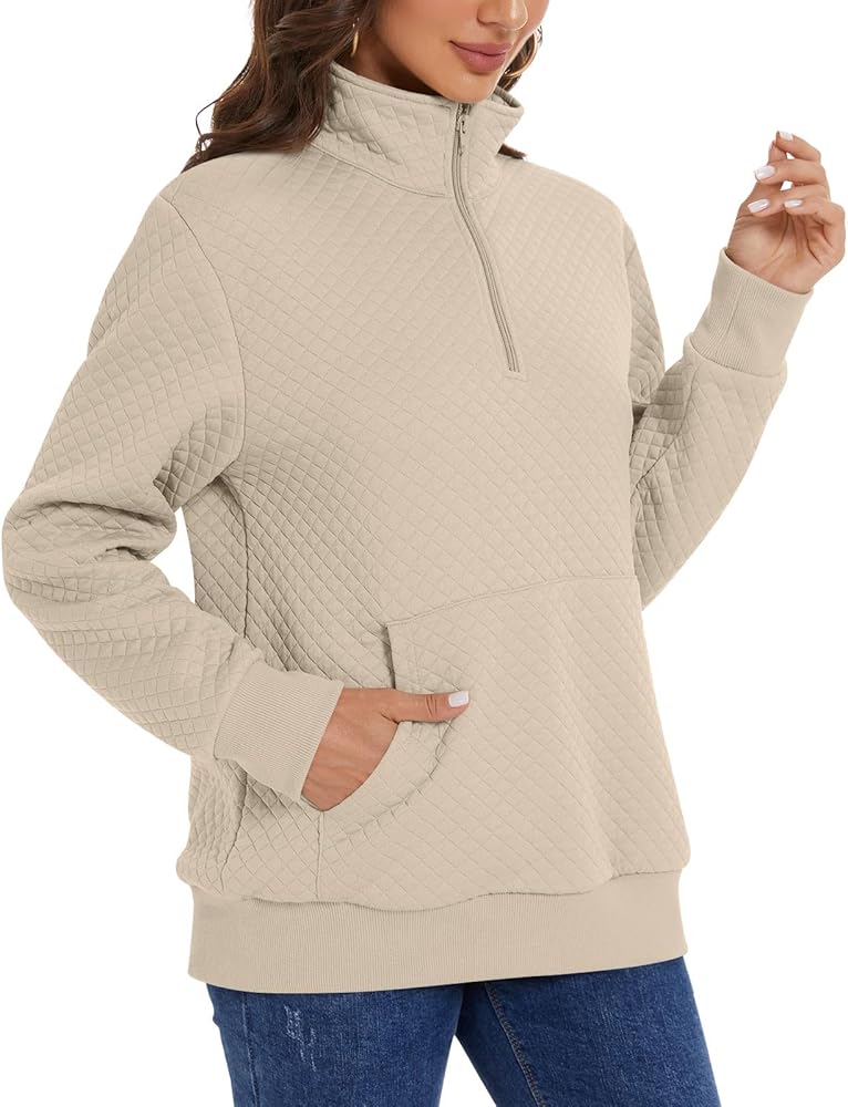 Aodemo Women's Winter Zipper Sweatshirts Lightweight Quilted Long Sleeve Pullover Sweaters Casual Tops With Pockets