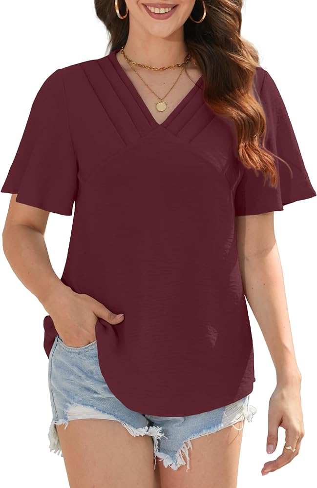 Womens Summer Short Sleeve Blouses V Neck Casual Shirts Dressy Trendy Tunics Tops