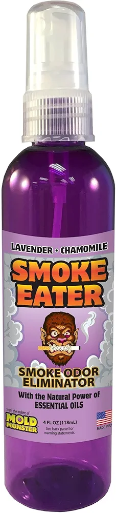 Smoke Eater - Breaks Down Smoke Odor at The Molecular Level - Eliminates Cigarette, Cigar or Smoke On Clothes, in Cars, Boats, Homes, and Office - 4 oz Travel Spray Bottle (Lavender)