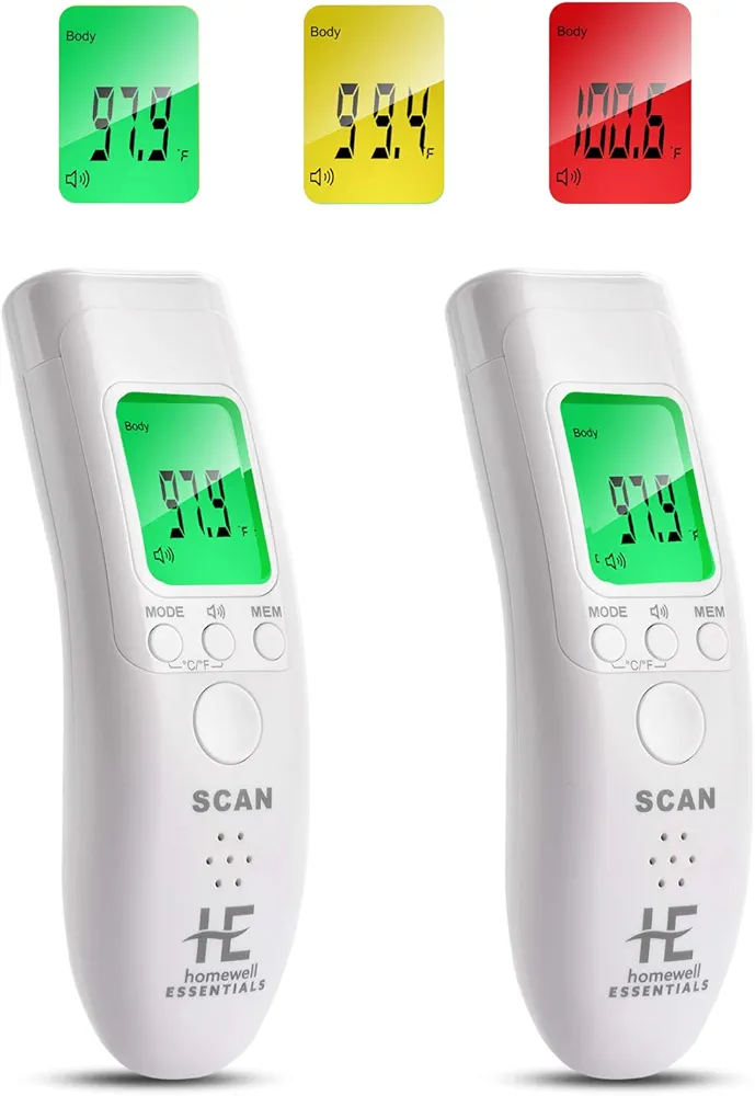 2 Pack Non-Contact Forehead Thermometer,Homewell Essentials Digital Infrared Thermometer with 3-Color High-Definition LED-Backlit Display, for Adult, Kids, Baby with FDA Certification (2 Pack)