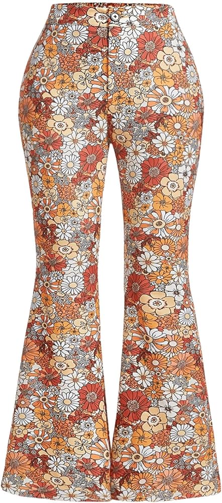 Verdusa Women's Plus Size 80s Wide Leg Pants Floral Print High Waist Pant Trousers