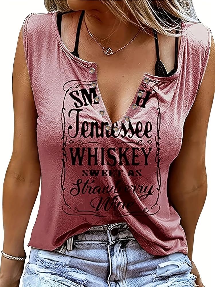 Women's Smooth As Tennessee Whiskey Sweet As Strawberry Wine T Shirt V Neck Ring Hole Short Sleeve Country Music Tee Top