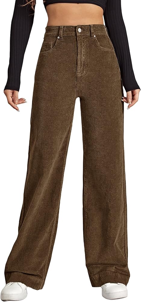 Floerns Women's Hight Waist Corduroy Velvet Slant Pocket Wide Leg Pants