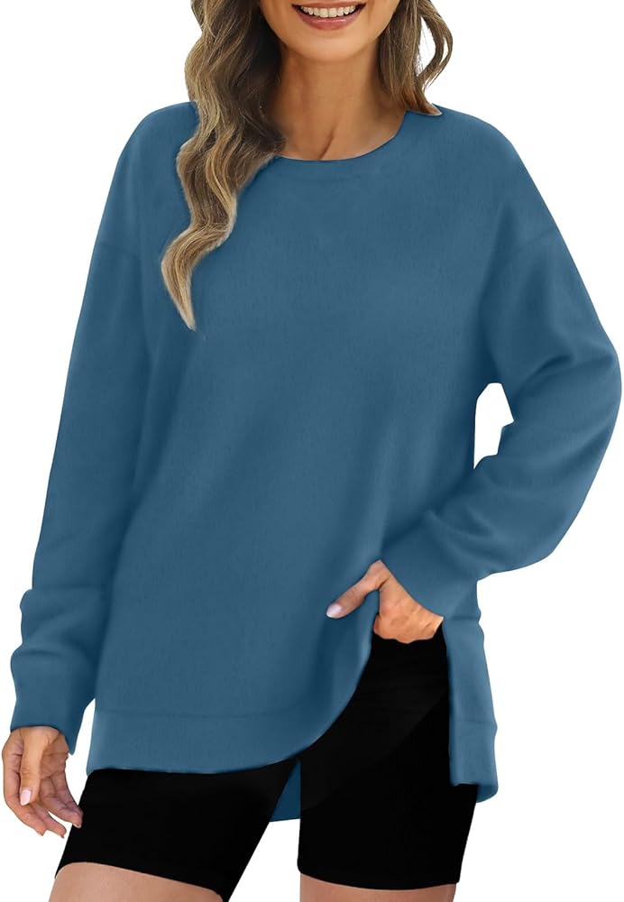 Workout Hoodies For Women Women's Fashion Solid Color Side Split Round Neck Pullover Sweatshirt