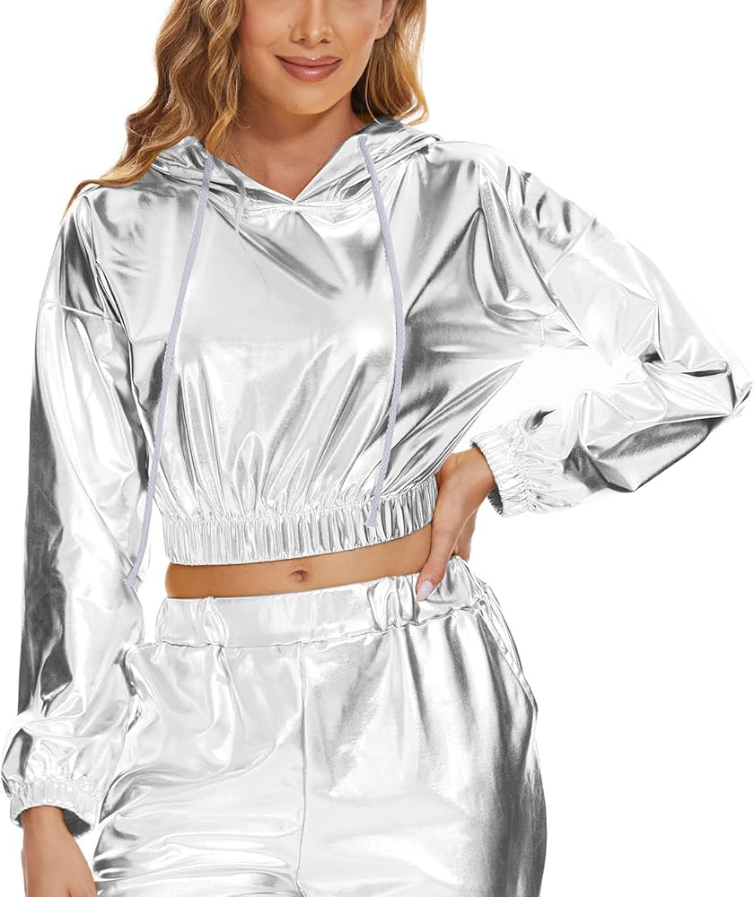 Yuji Itadori Women Metallic Shiny Crop Hoodies Rave Festival Outfits Crop Hooded Sweatshirts Dancewear Clothes S-XXL