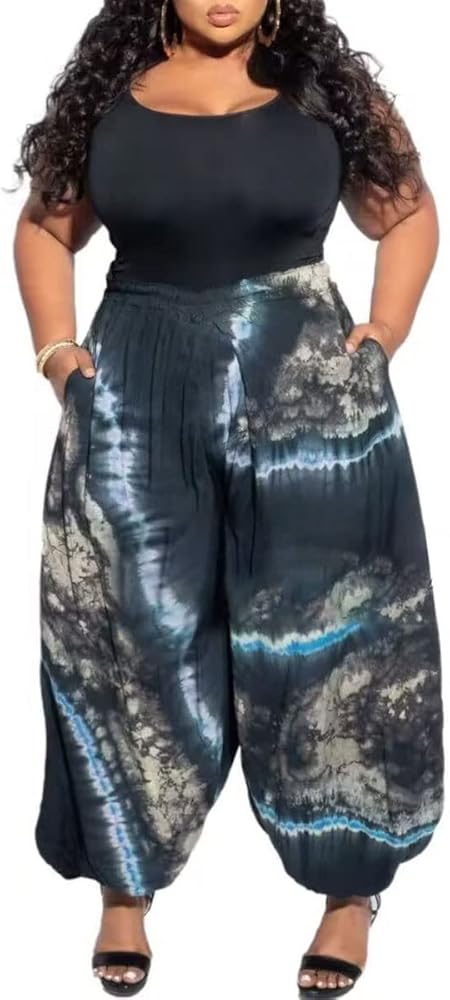 Acatmew Plus Size Harem Pants for Women African Print Casual Bohemian Loose Long Pants with Pocket